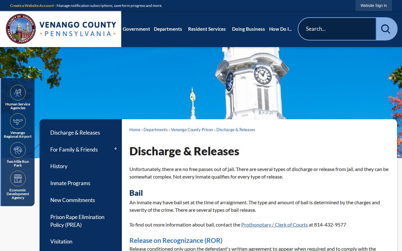 Venango County released inmate discharge categories