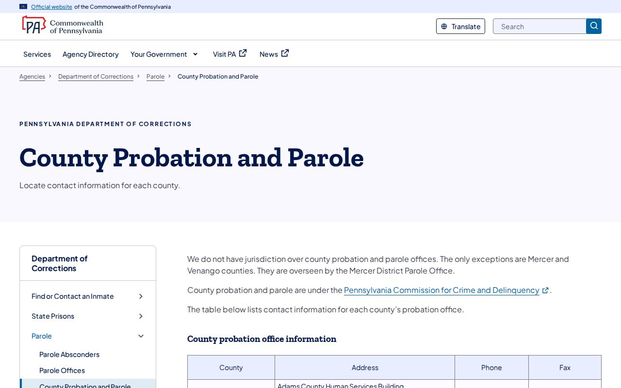Venango County parole and probation directory for post-release supervision